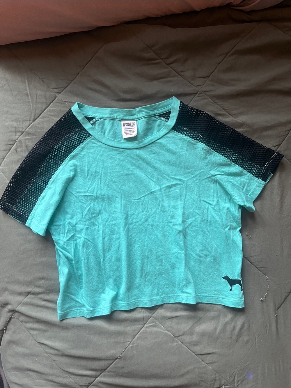 PINK Victoria's Secret Aqua Crop Tee with Black Mesh Raglan Sleeves